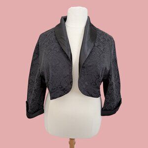 Plus size Black Satin Victorian Damask jacquard Bolero Jacket, 3/4 Sleeves, 3XL